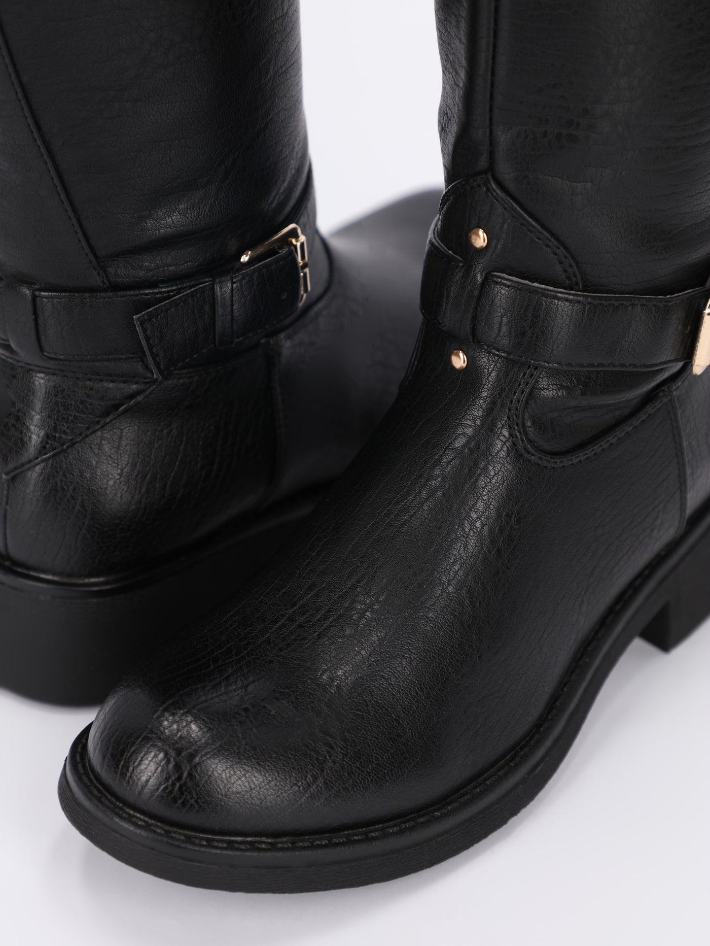 Leather Decorative Buckle High-Calf Boot