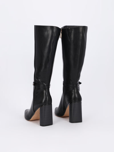 Pointed Heeled Knee Boots with Slim Decorative Belt