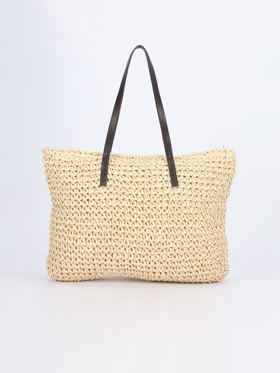 Straw Tote Handbag with Leather Handles