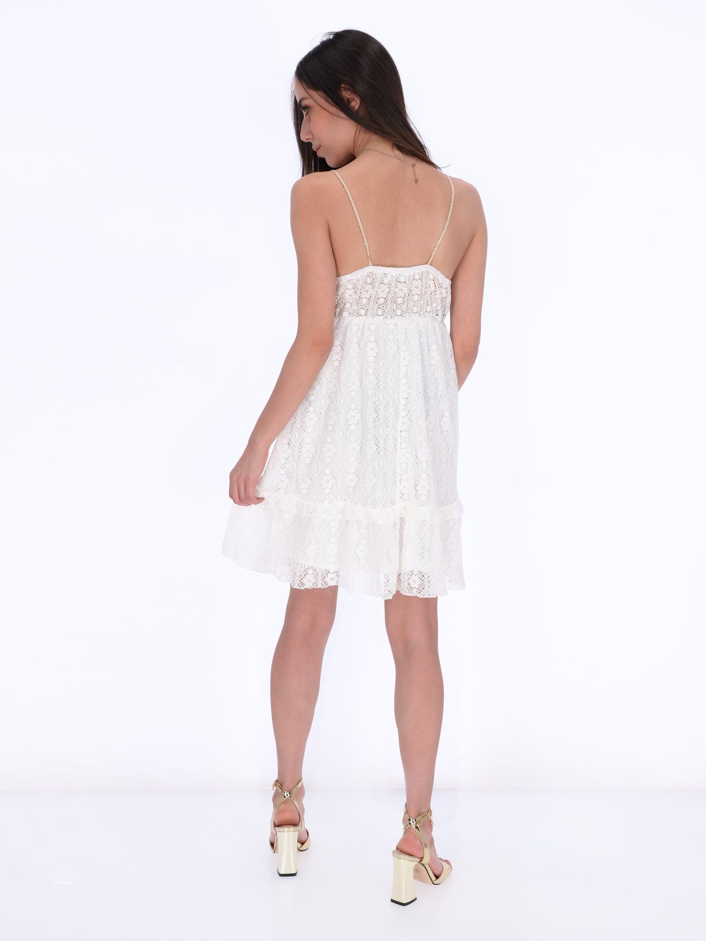 Crochet Lace Midi Skater Dress with Tassles and Braided Neckline