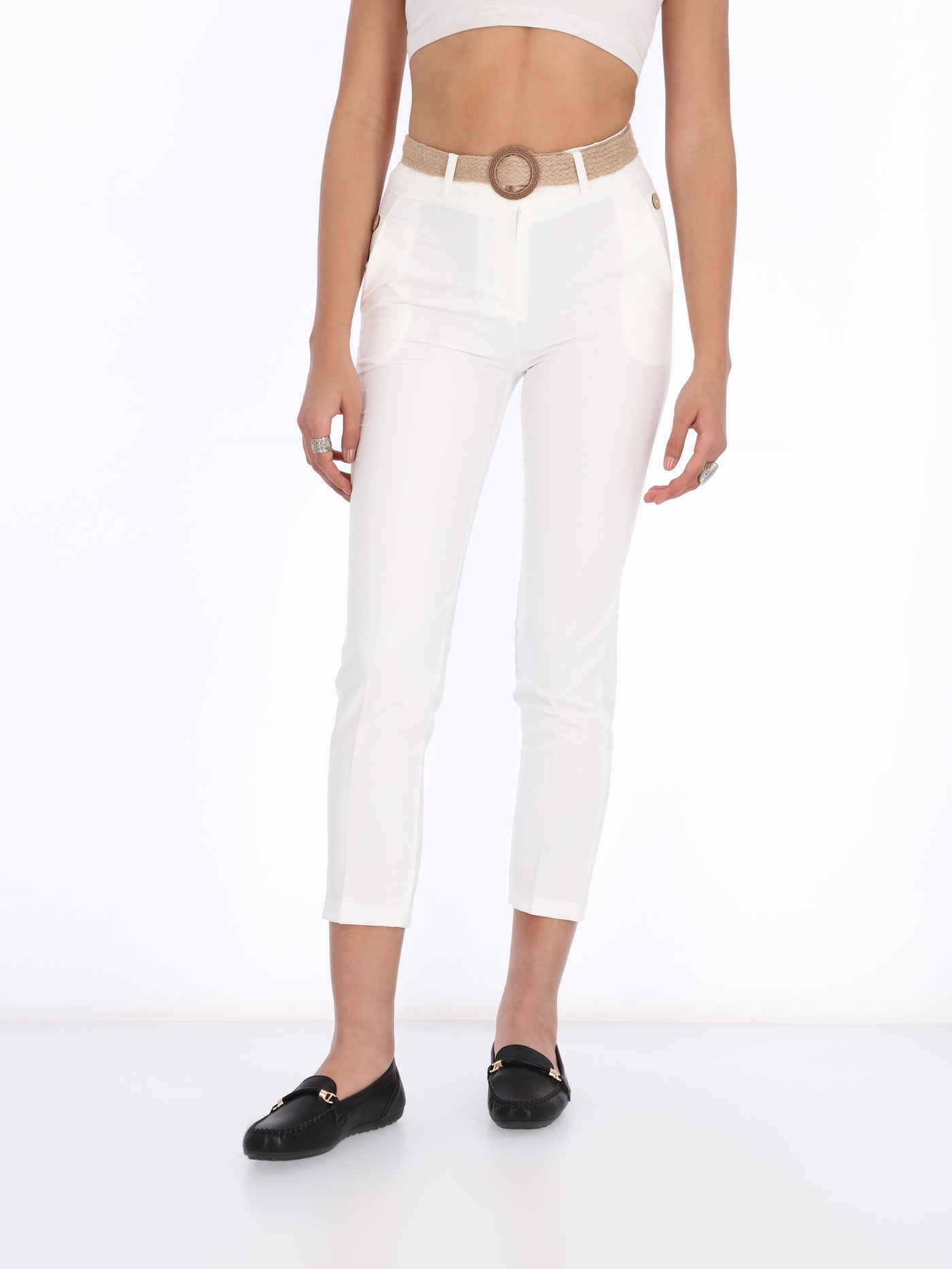 O'Zone Women's Button Detail Belted Cropped Pants