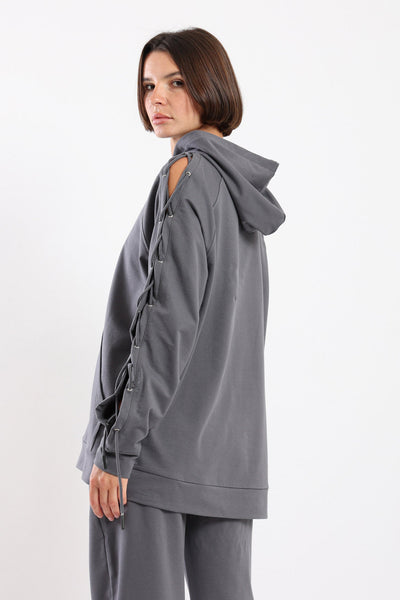 EDGY LACE-UP COMFORT HOODIE - GREY