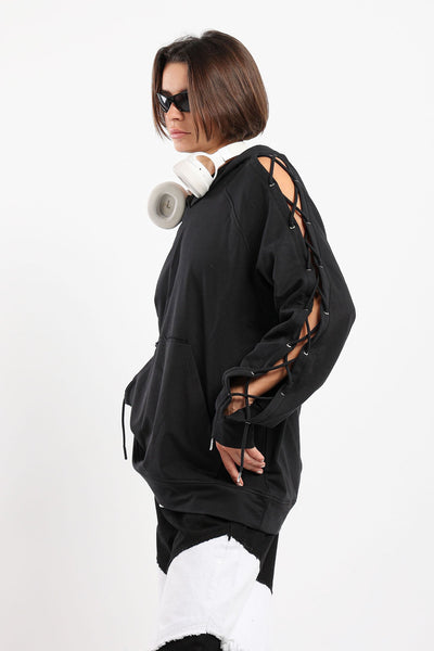 EDGY LACE-UP COMFORT HOODIE - BLACK