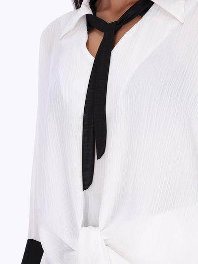 Camicie Women's Tie Neck Contrast Cuff Chiffon Blouse