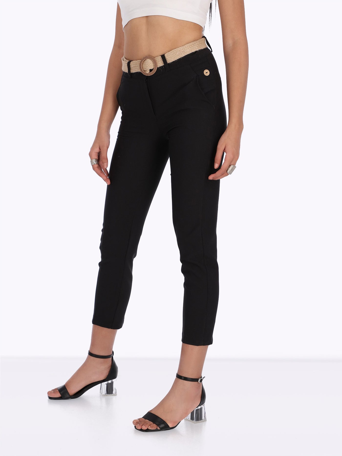 O'Zone Women's Button Detail Belted Cropped Pants