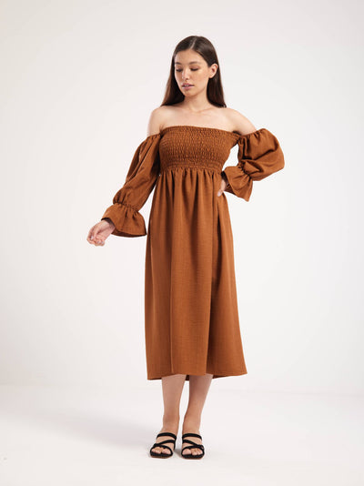Angelica Off Shoulder Dress - Brown