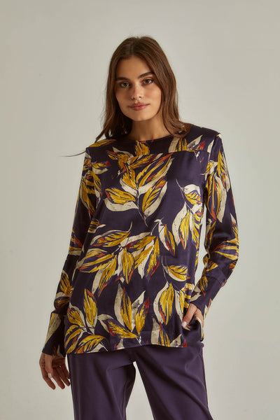 Blouse -Leaves Print - Back Button