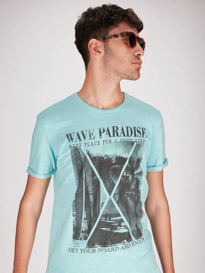 OR T-Shirts AQUA / S Paradise Front Print Roll-Up Short Sleeve T-Shirt