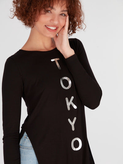 OR Tops & Blouses Black / S Front Text Print Long Top with Long Sleeve