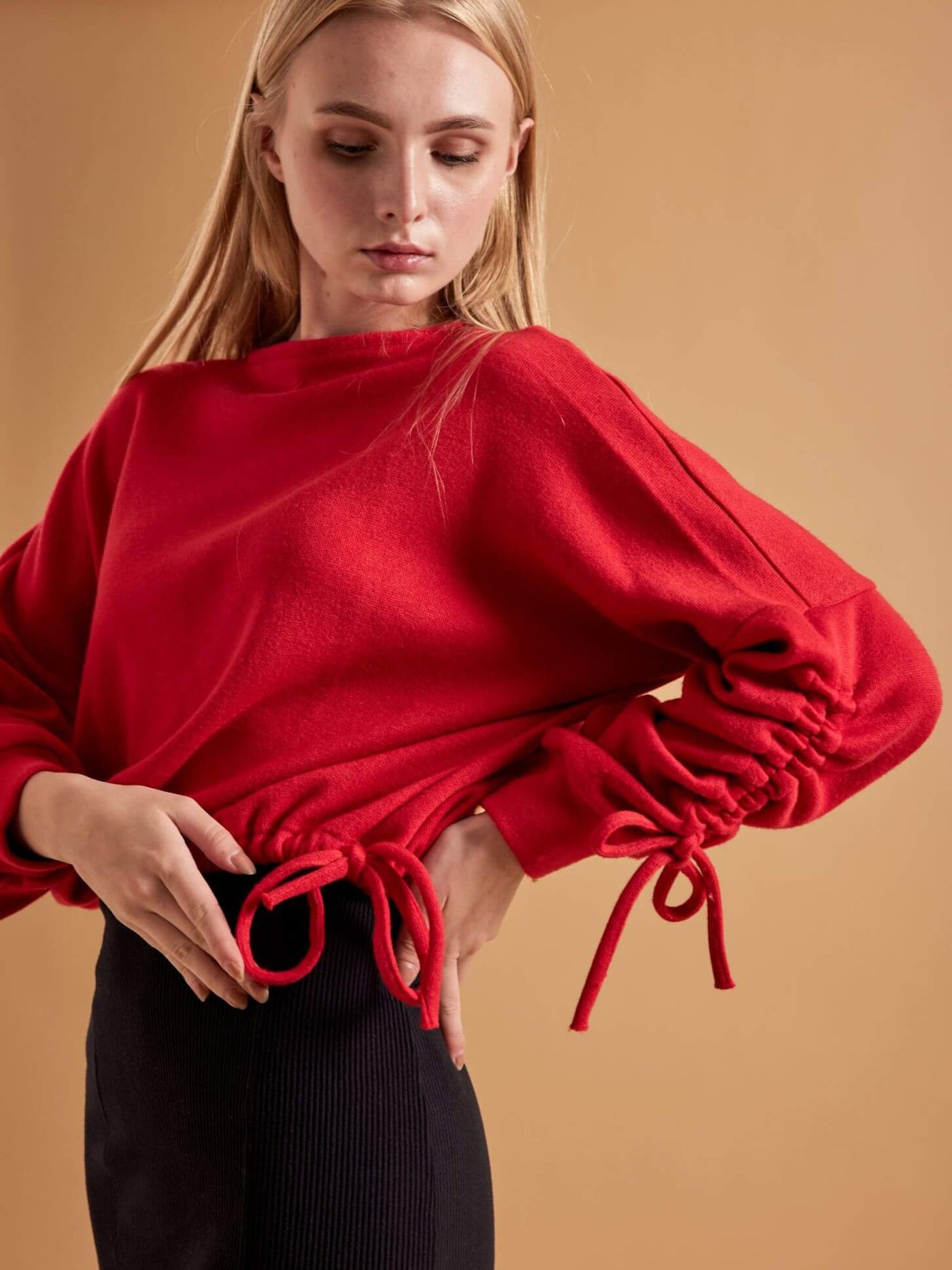 Drawstring Sweater - Wool Blend - Red
