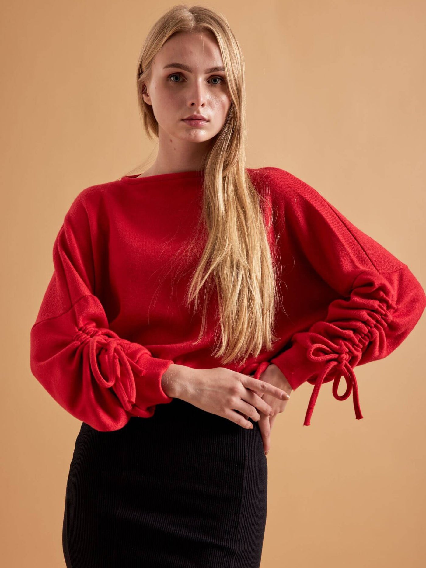 Drawstring Sweater - Wool Blend - Red