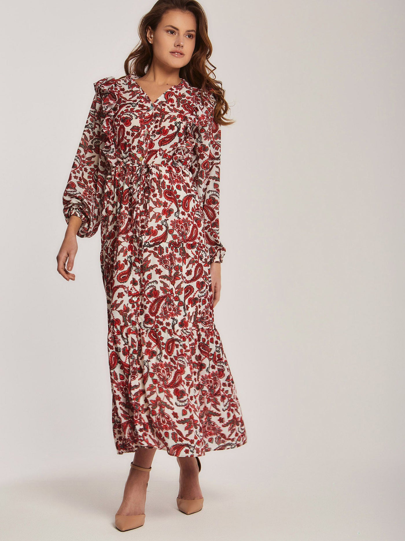 Dress - Paisley Pattern - Ruffled Sleeves