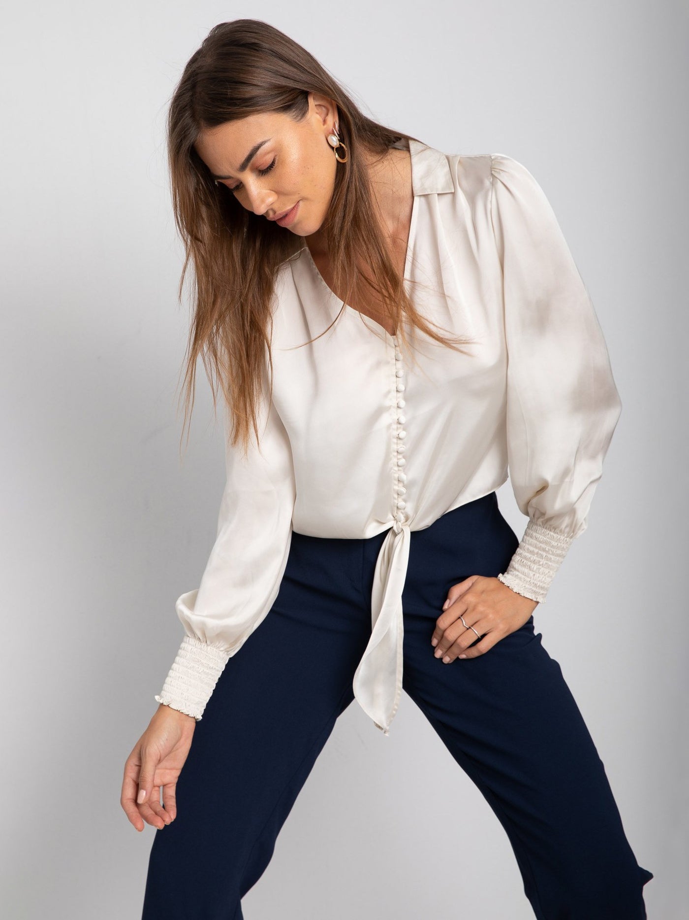 Front Knotted Blouse - Bishop Long Sleeves