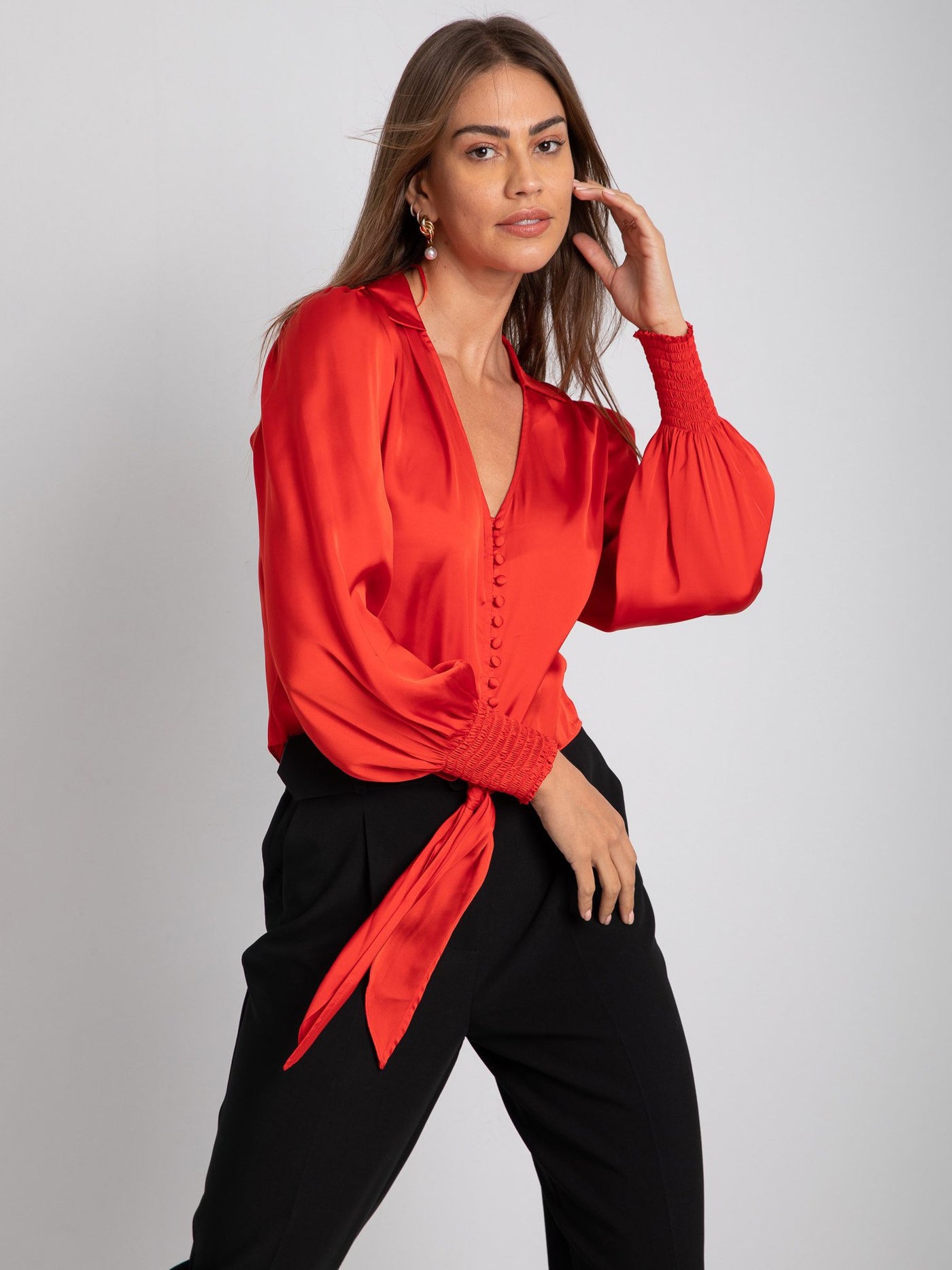 Front Knotted Blouse - Bishop Long Sleeves