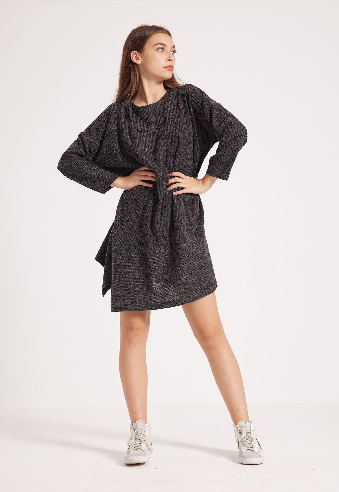 Knitted Dress - Ribbed Design - Asymmetric Hem