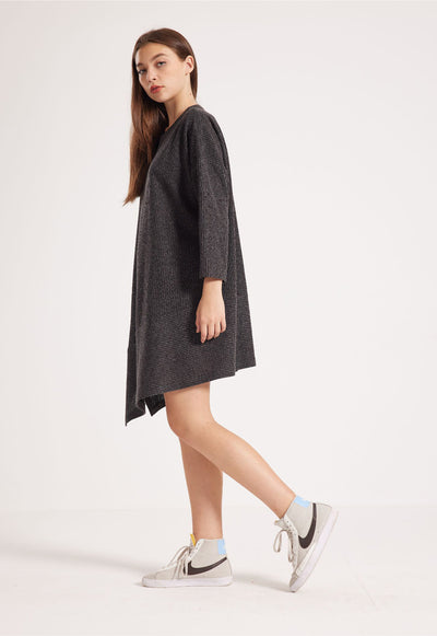 Knitted Dress - Ribbed Design - Asymmetric Hem