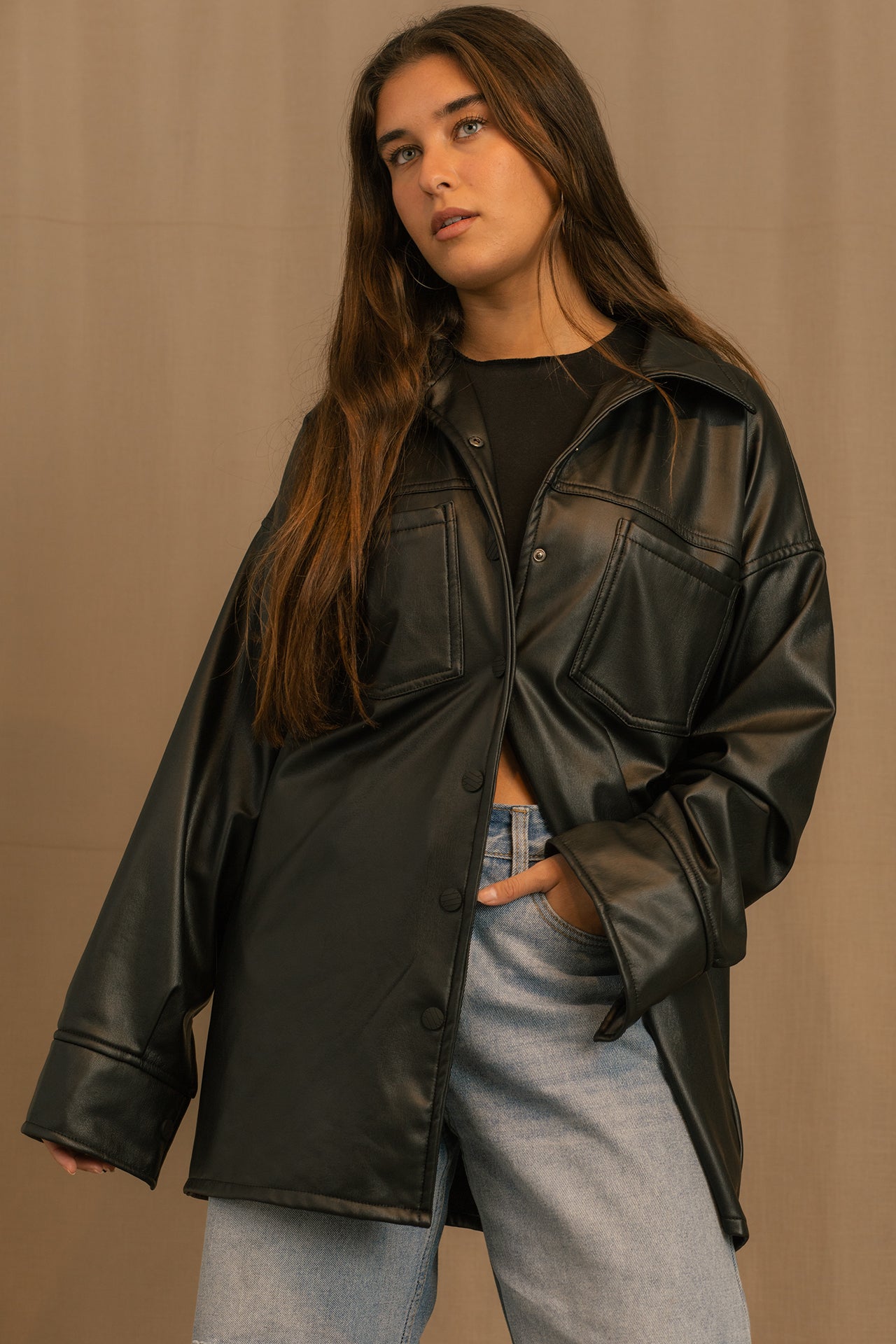 Faux Leather Shirt - Oversized - Black