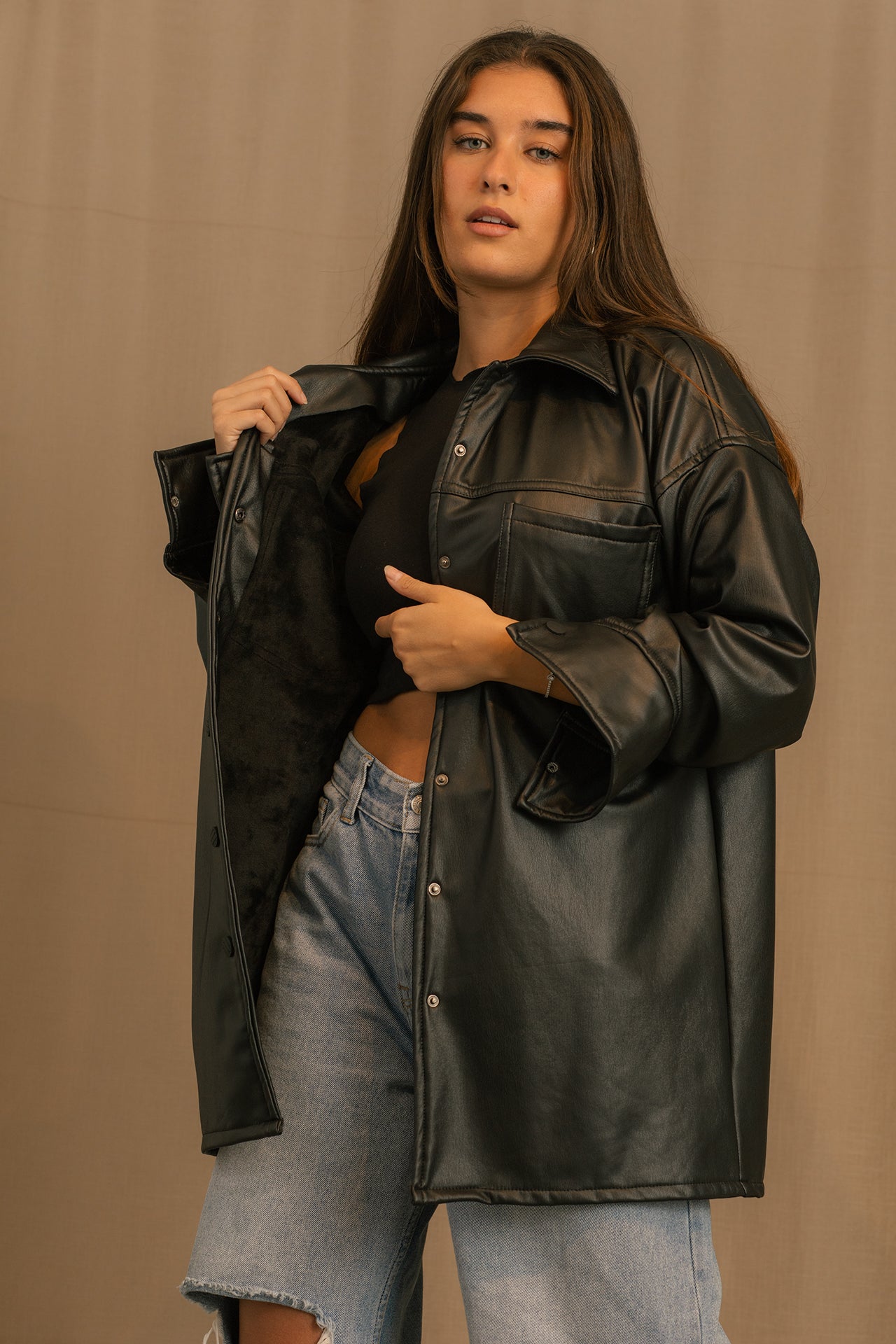 Faux Leather Shirt - Oversized - Black
