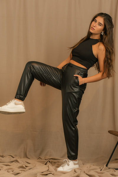 Faux Leather Joggers - Drawstring Waist