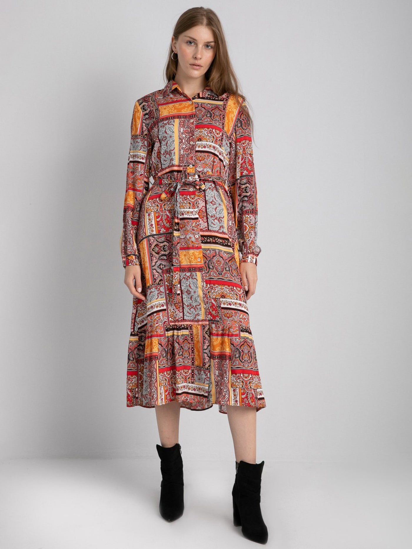 Printed Dress - Knee Length - Long Sleeves