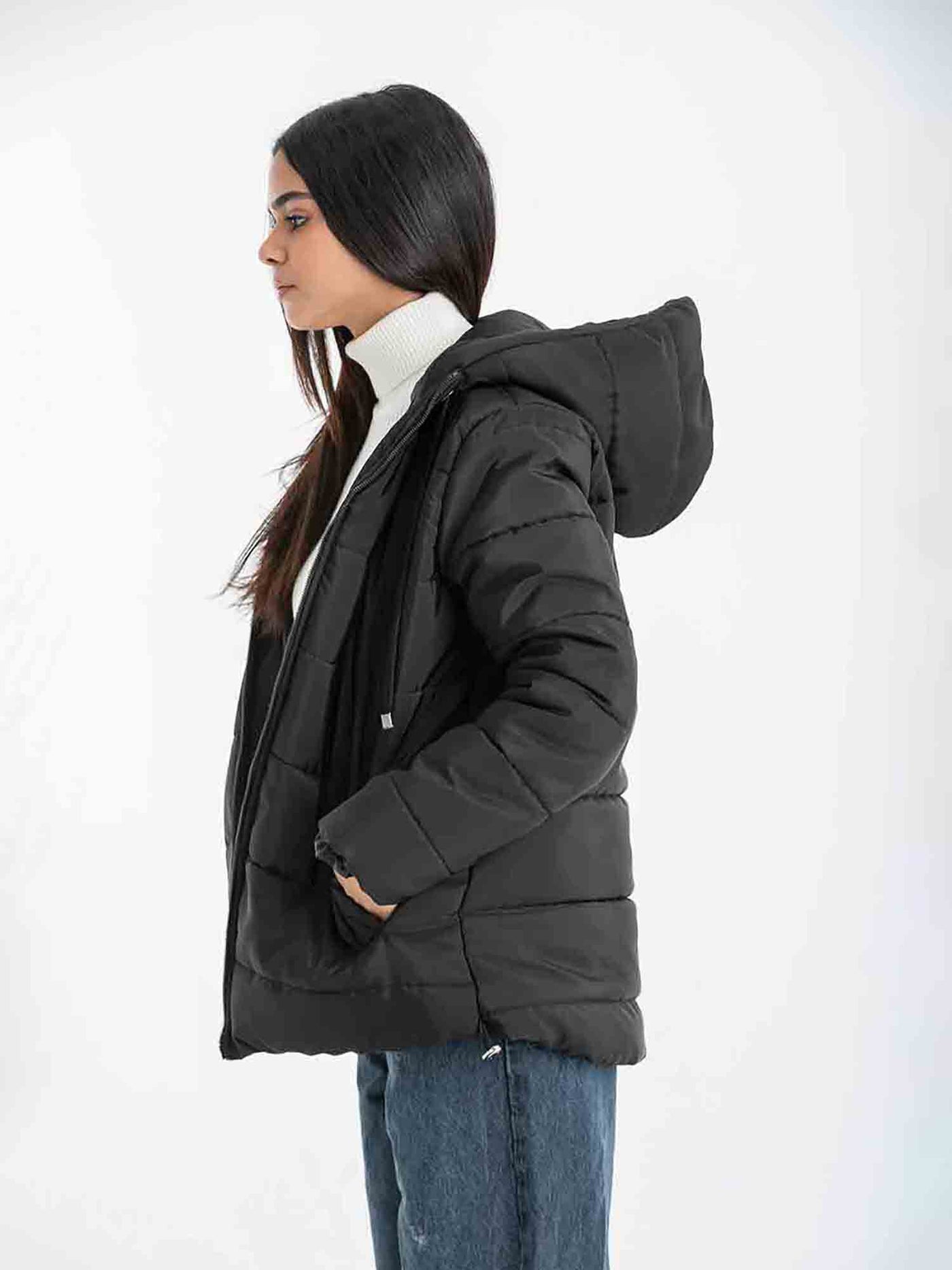 Puffed Jacket - Hooded - Zipper Closure