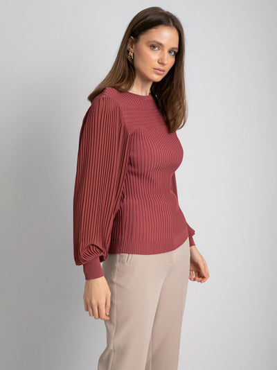 Ribbed Pullover - Pleated Balloon Sleeves