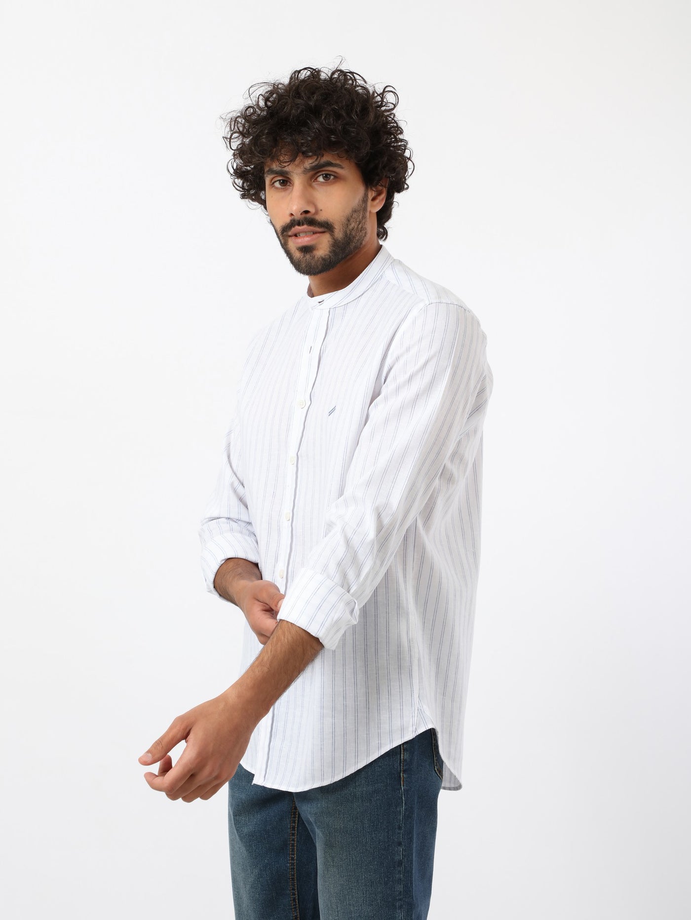 Shirt - Vertical Striped - Mandarina Collar