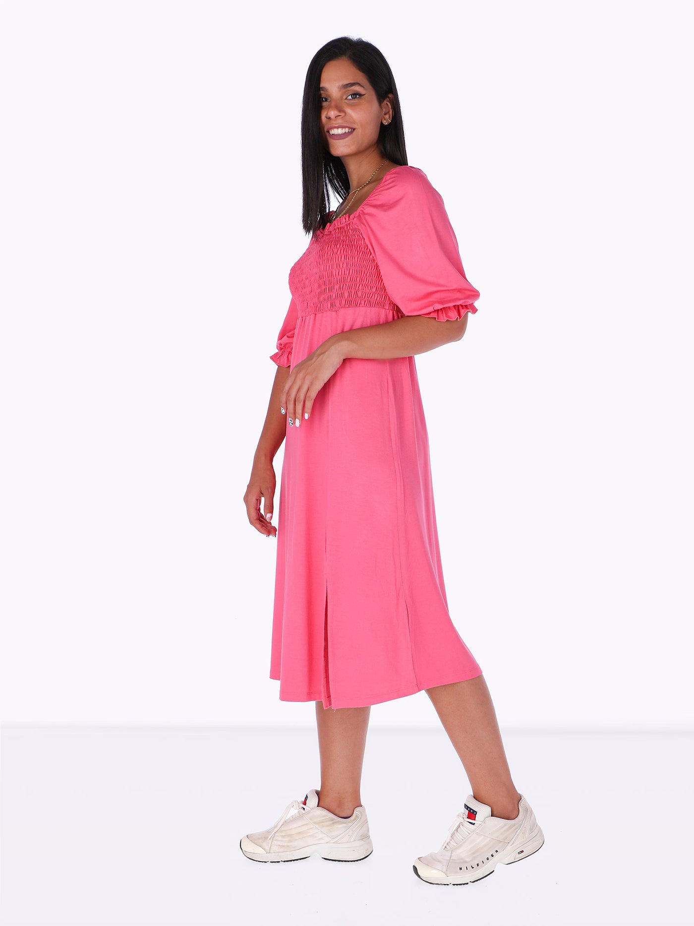 Smocked Dress - Elbow Length Sleeve - Midi Length