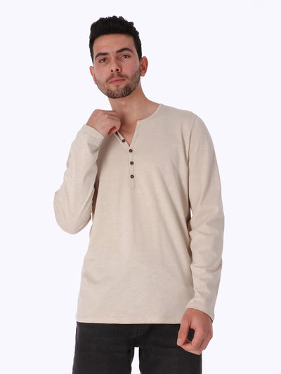 T-Shirt - Long Sleeve - Round Neck with Button Closure