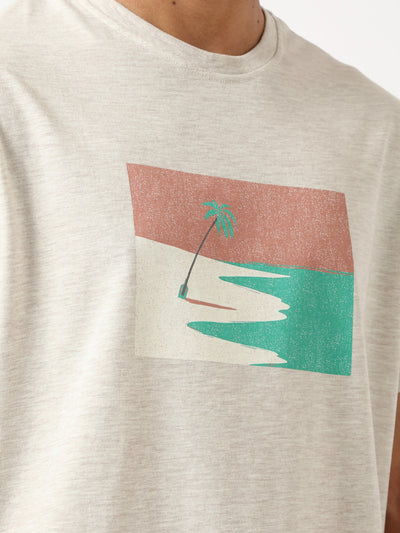 T-Shirt - Palm Tree Print  - Marled Pattern