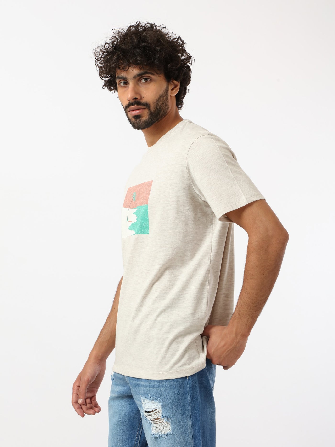 T-Shirt - Palm Tree Print  - Marled Pattern