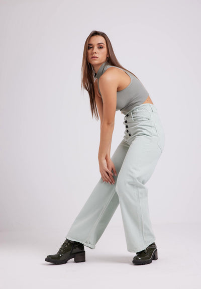 Wide Leg Jeans - Exposed Button Fly - Green