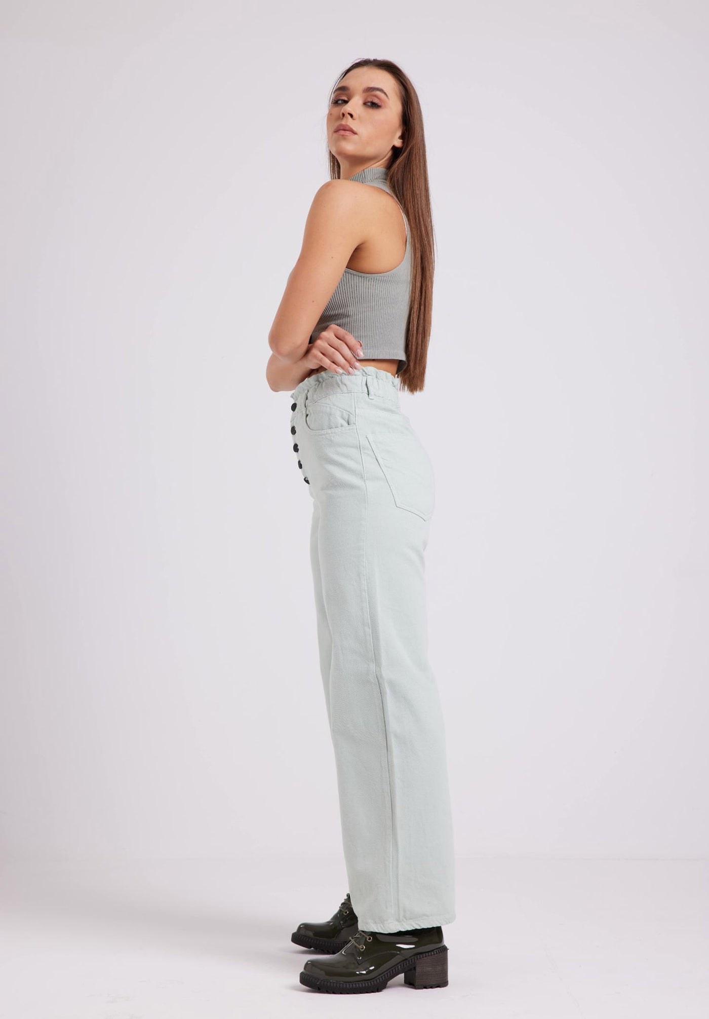 Wide Leg Jeans - Exposed Button Fly - Green