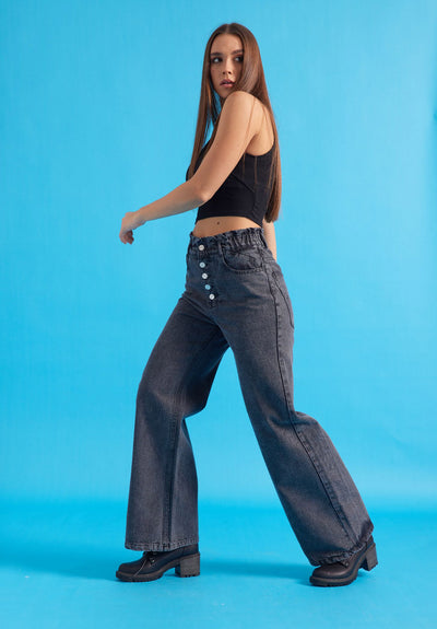 Wide Leg Jeans - Exposed Button Fly - Grey