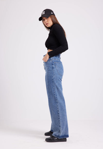Wide Leg Jeans - Exposed Button Fly - Light Blue
