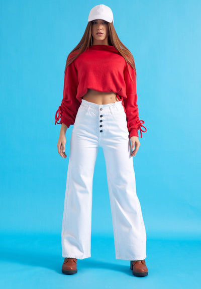 Wide Leg Jeans - Exposed Button Fly - White