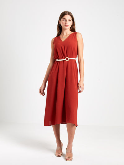 اوبيو فستان متوسط الطول بدون اكمام برقبة مثلثة نسائي
