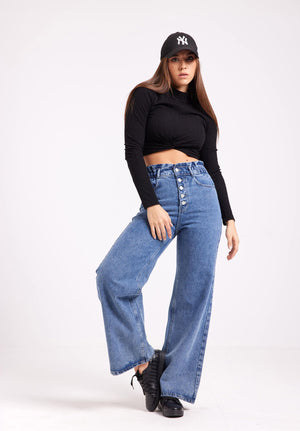 Wide Leg Jeans - Exposed Button Fly - Light Blue